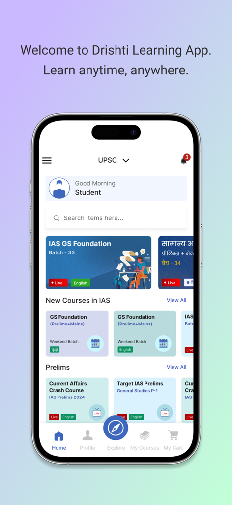 Drishti Learning App - Home screen of the Drishti Learning App showing UPSC and IAS foundation courses.