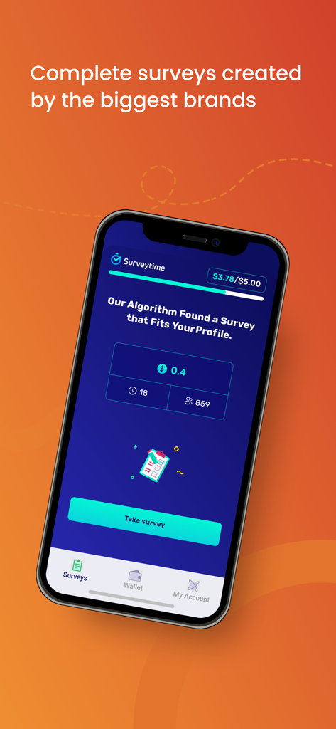 Surveytime app interface showing a matched survey with cash reward details and a progress bar towards the five dollar cashout goal