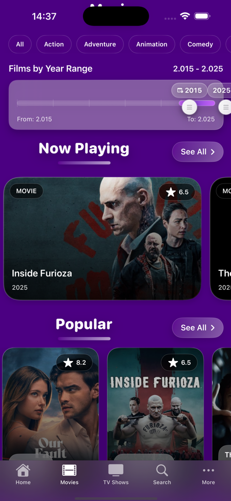 CinesPhere app home screen displaying movie categories and a year range filter
