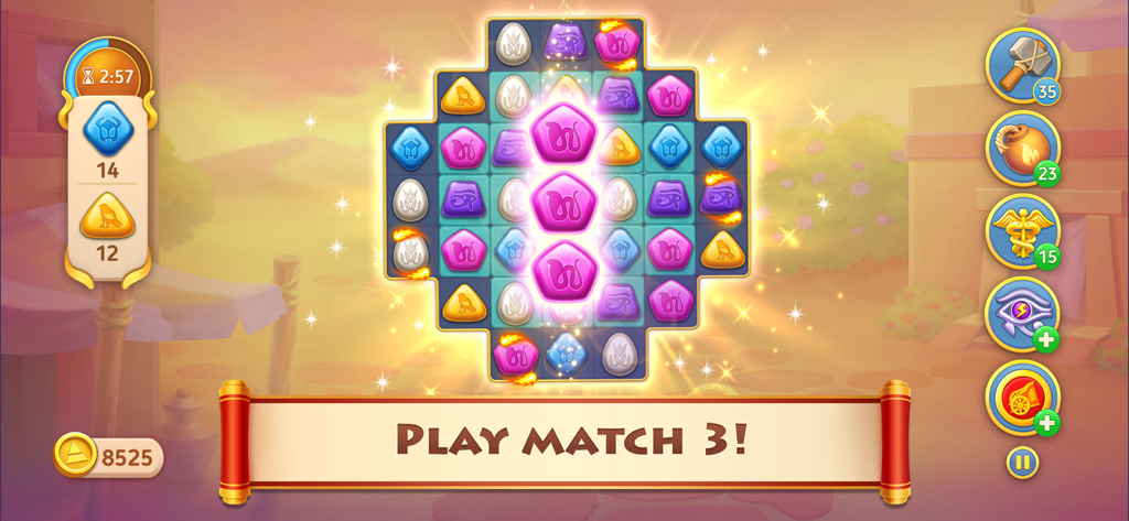 A match 3 puzzle level in the Cradle of Empires game with an ancient Egyptian theme