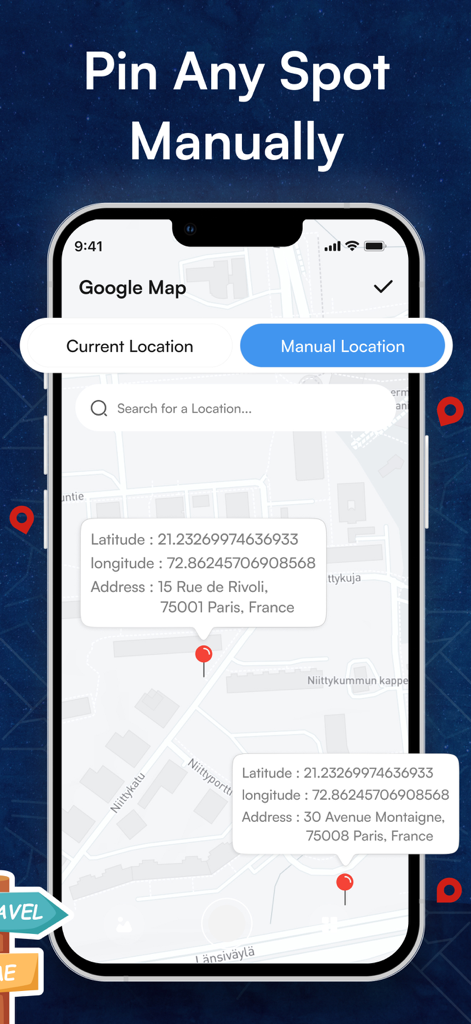 Interfaz de la aplicación que muestra la fijación manual de la ubicación en un mapa con coordenadas GPS y direcciones.