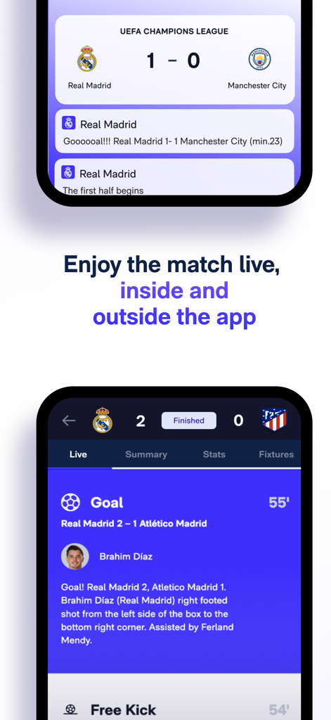 Real Madrid - Captures d'écran de l'application mobile Real Madrid montrant les mises à jour en direct et les notifications de buts.