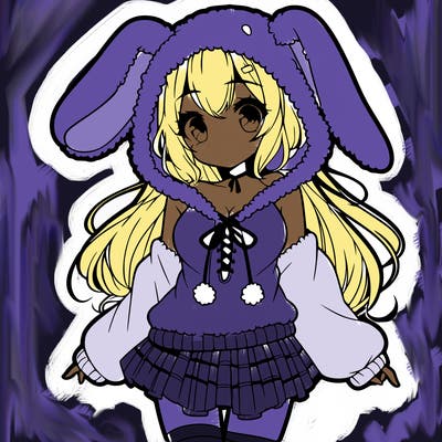pretty anime girl wearing a fluffy hoodie with bunny ears on the hood and a skirt