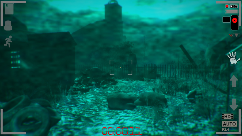 Mental Hospital V - Captura de pantalla del juego con visión nocturna de Mental Hospital V que muestra una escena exterior misteriosa