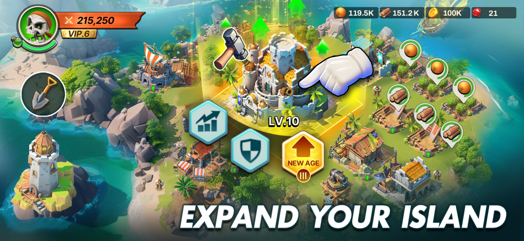 Gameplay screenshot of Lord of Seas showing an island base with a level 10 fortress and the text Expand Your Island.