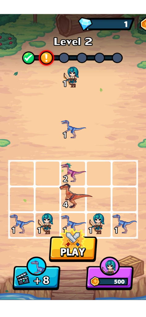 Dino Merge Master: Fight & Run - Dino Merge Master gameplay screen showing a grid of dinosaurs and archers ready for battle
