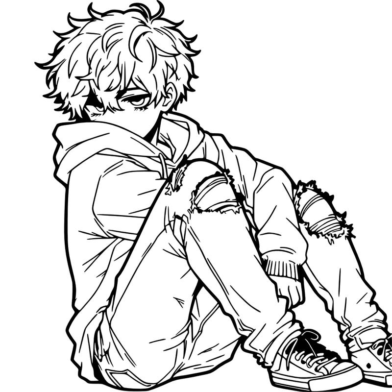 a male hoddie ripped jeans messy hair anime