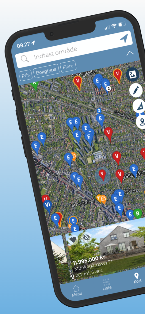 Boliga - Boliga app interface showing a map with real estate listings and property price markers in Denmark
