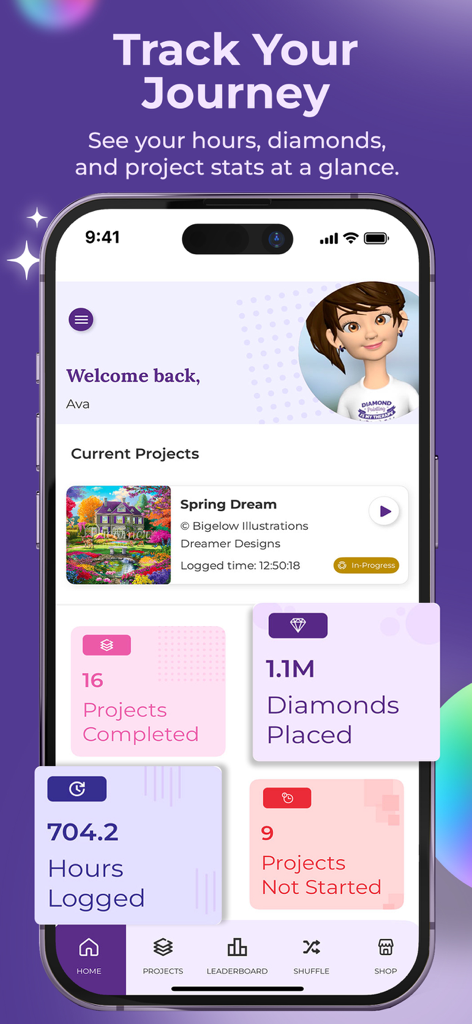 Dreamer Diaries - Dreamer Diariesアプリのインターフェース。記録された時間数や配置されたダイヤモンド数などのダイヤモンドペインティングプロジェクトの統計が表示されます。
