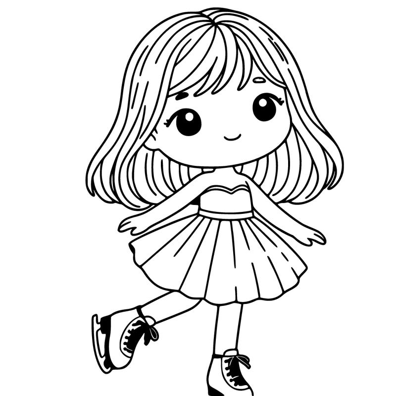girl with shoulder-length brown hair, wearing ice skates on her feet and a short lilac skirt dress