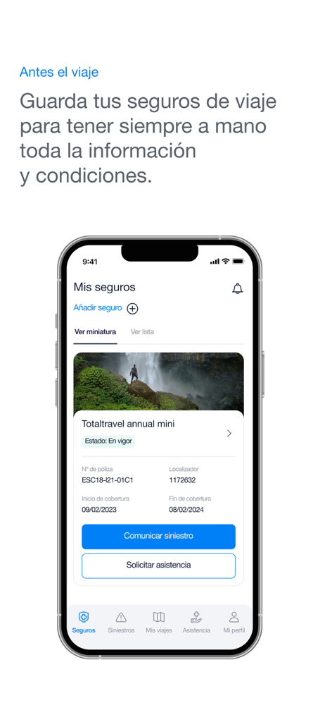 Intermundial - Mobile screen of the Intermundial app showing travel insurance policy details and buttons to report a claim or request assistance.