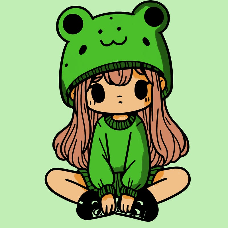 a girl wearing a frog hat and some frog socks