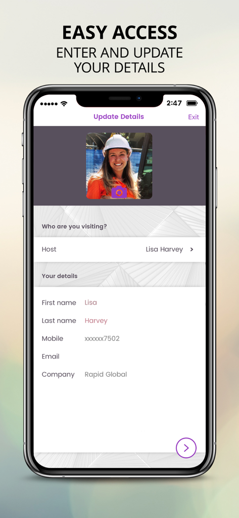 Rapid Access - Rapid Access app interface for workers to update their profile and contact details.