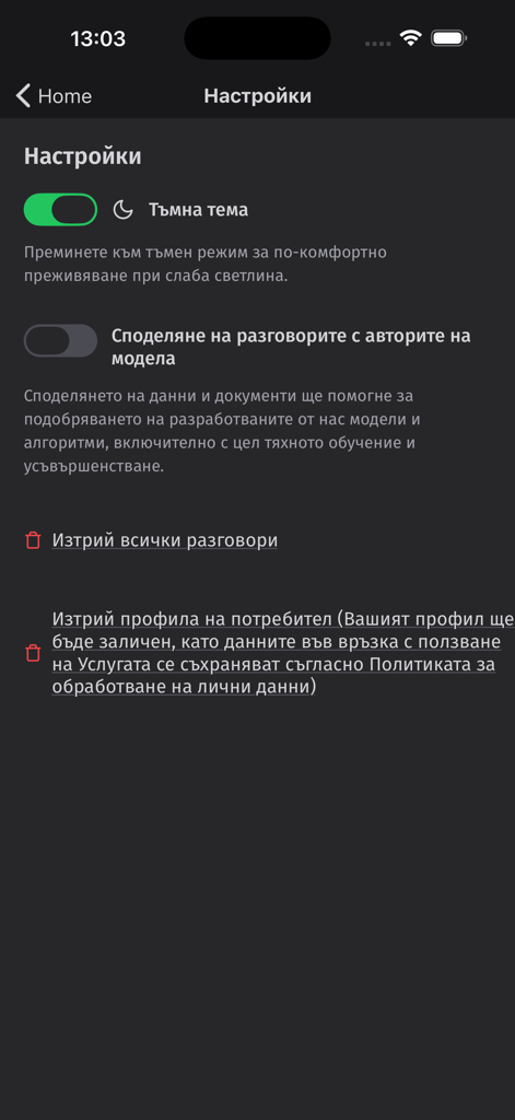 BgGPT - Settings screen of the BgGPT app showing dark mode toggle and privacy options