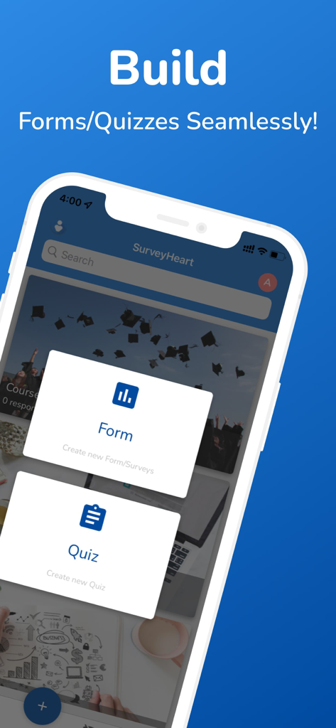 SurveyHeart mobile app interface for building online forms and quizzes