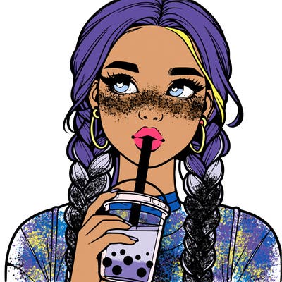 realistic girl with braided hair drinking boba