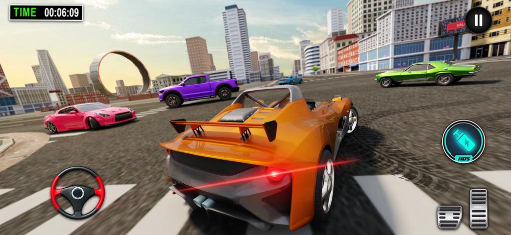 Car Games Simulator Car Racing - Coche deportivo naranja conduciendo en un entorno urbano 3D con rampas de acrobacias y otros coches de carreras
