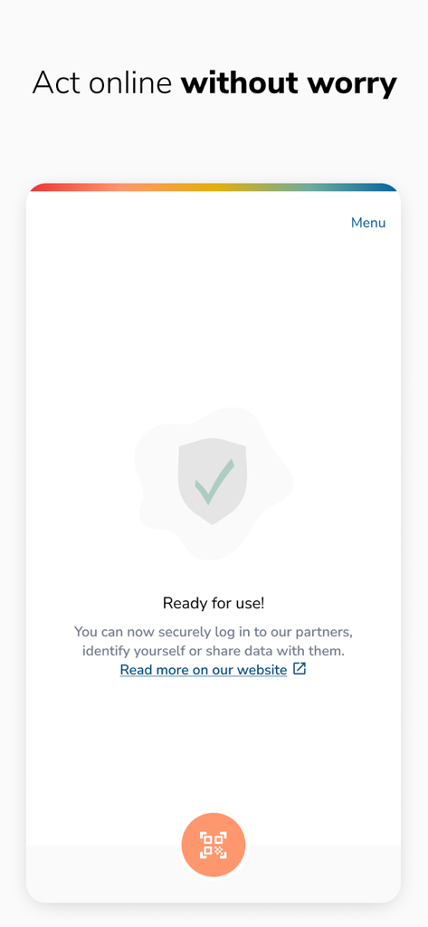 Vidua - Vidua app interface showing a shield icon with a checkmark and the message Ready for use to act online without worry.