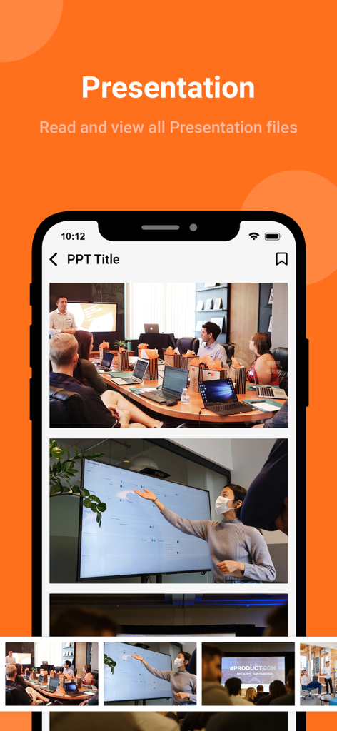 A smartphone screen displaying a PowerPoint presentation within the All Document Reader app featuring slide thumbnails and professional meeting photos