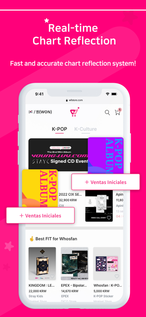 Whosfan Store mobile app interface highlighting real-time chart reflection for K-pop album purchases