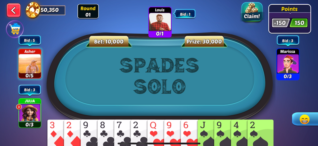 Spades Bid Whist: Card Games - Interfaz del juego de cartas en línea Spades Solo con cuatro jugadores en una mesa virtual