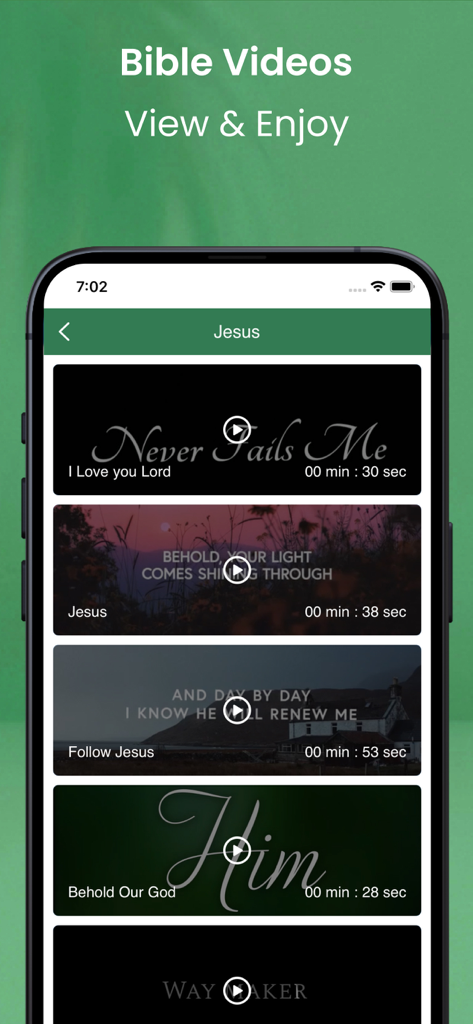 Interface de aplicativo móvel exibindo uma lista de vídeos curtos inspiradores da Bíblia para reflexão espiritual