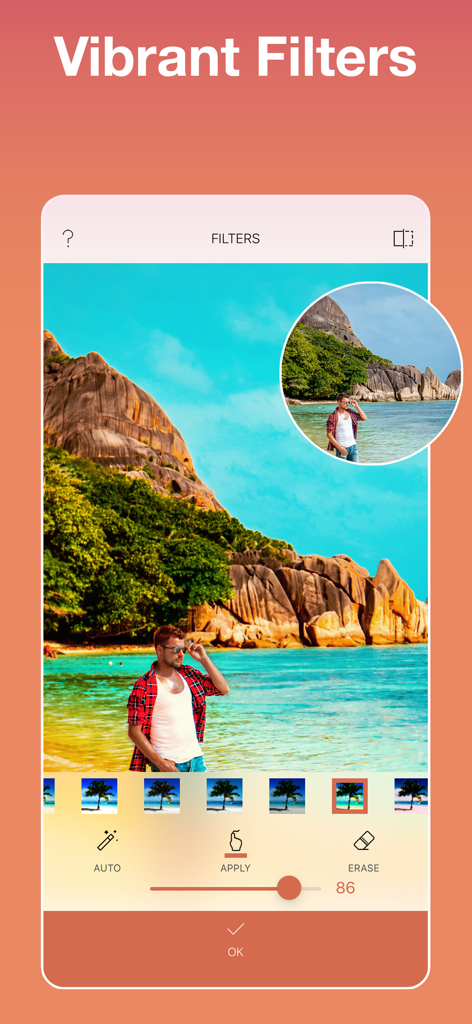 Skin Tanner: AI Photo Editor - Una captura de pantalla de la aplicación Bronceador de Piel que muestra una foto de playa editándose con filtros vibrantes