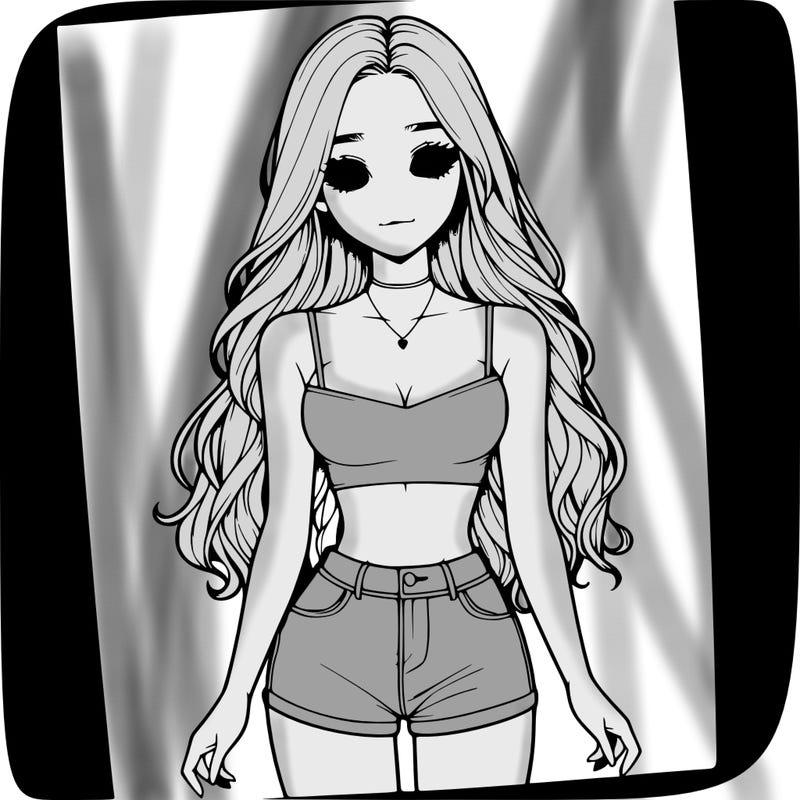 a realistic girl with long hair and in a crop top and shprts