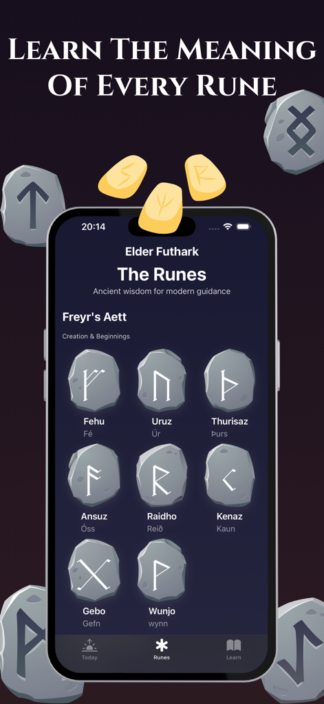 Norse Runes & Runic Formulas - Mobile app interface showing the meanings of Elder Futhark Norse runes on stone icons.