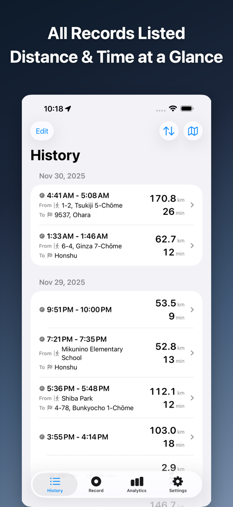 DriveTracker - Driving Log - A history list of driving records in the DriveTracker app showing trip distance and duration for each route