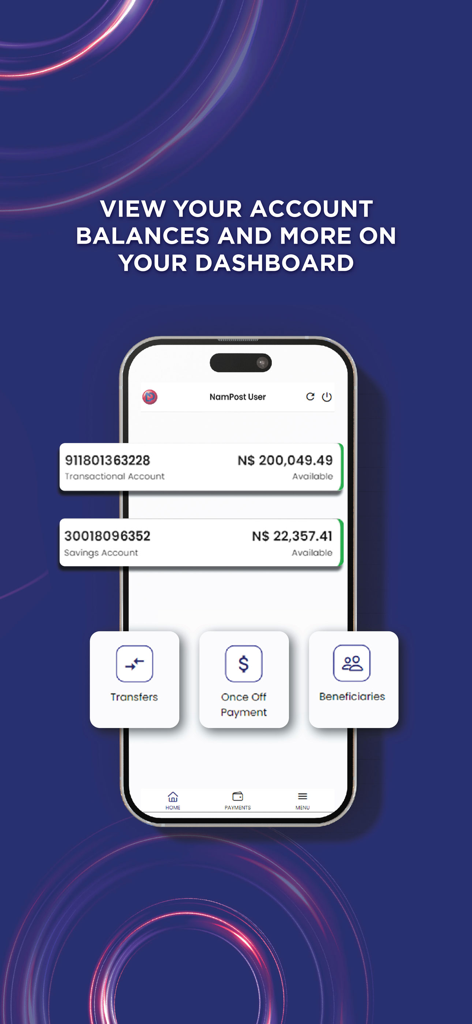 MyNamPost Banking - MyNamPost Banking app dashboard showing transactional and savings account balances with quick links for transfers and payments