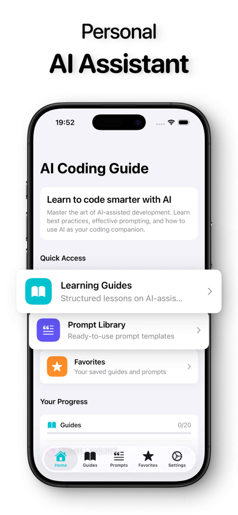 Home screen of the Rork app displaying AI coding guides, a prompt library, and user progress tracking for AI-assisted development.