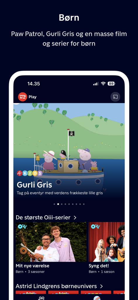 Childrens programming interface on the TV 2 PLAY Denmark mobile app featuring popular Danish language shows