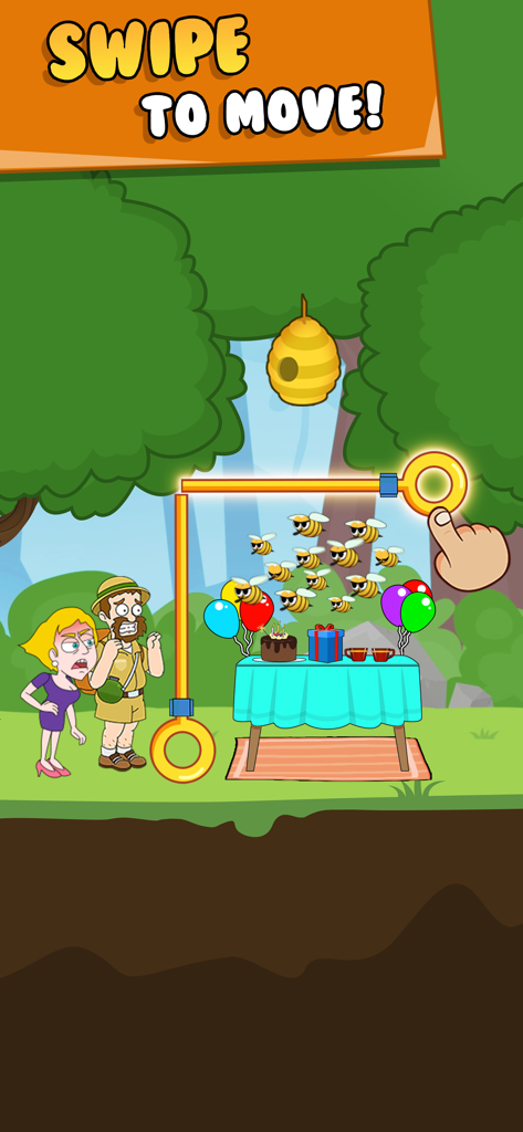 Una captura de pantalla de la jugabilidad de Pull Him Out que muestra un nivel de puzle de tirar de pines con personajes evitando una horda de abejas.