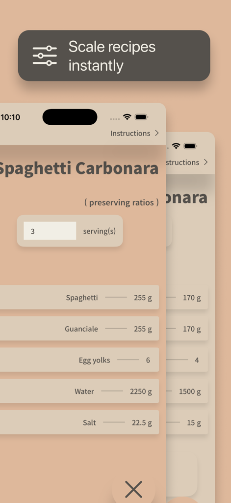 나만의 레시피 앱 인터페이스에서 스파게티 까르보나라 레시피의 비율을 유지하면서 재료를 즉시 조정하는 방법 표시