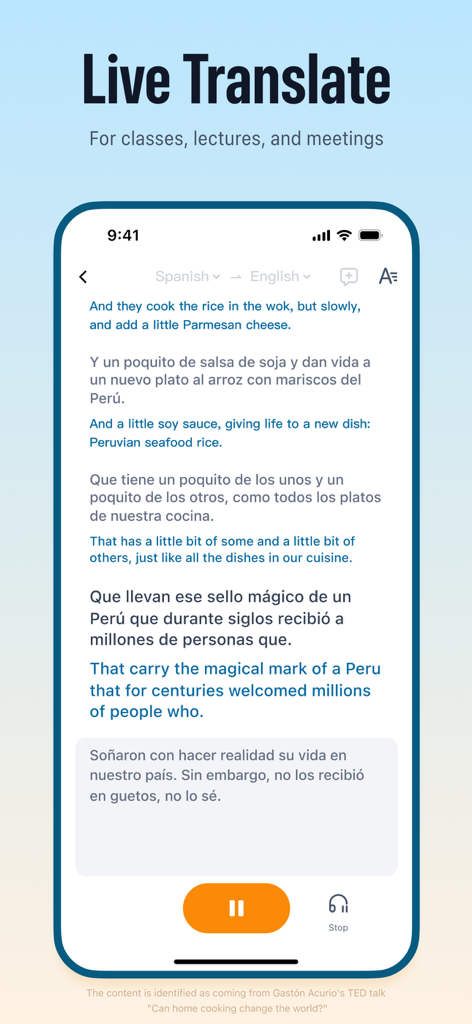 TransGull app showing live simultaneous translation from Spanish to English for a lecture