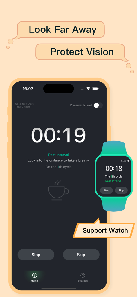 Interfaz de la aplicación Relax Eyes Pro mostrando el temporizador de intervalo de descanso sincronizado en iPhone y Apple Watch