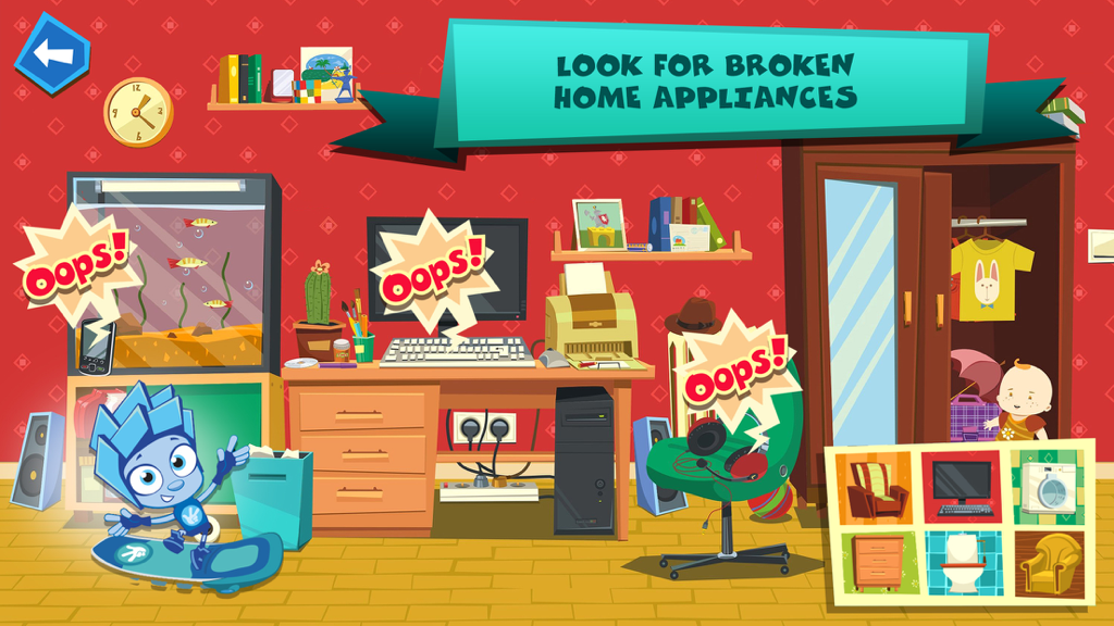 Fixies The Masters: repair home appliances, watch educational videos featuring your favorite heroes (Full) - Gameplay screen showing a room where children identify broken appliances to fix with The Fixies characters