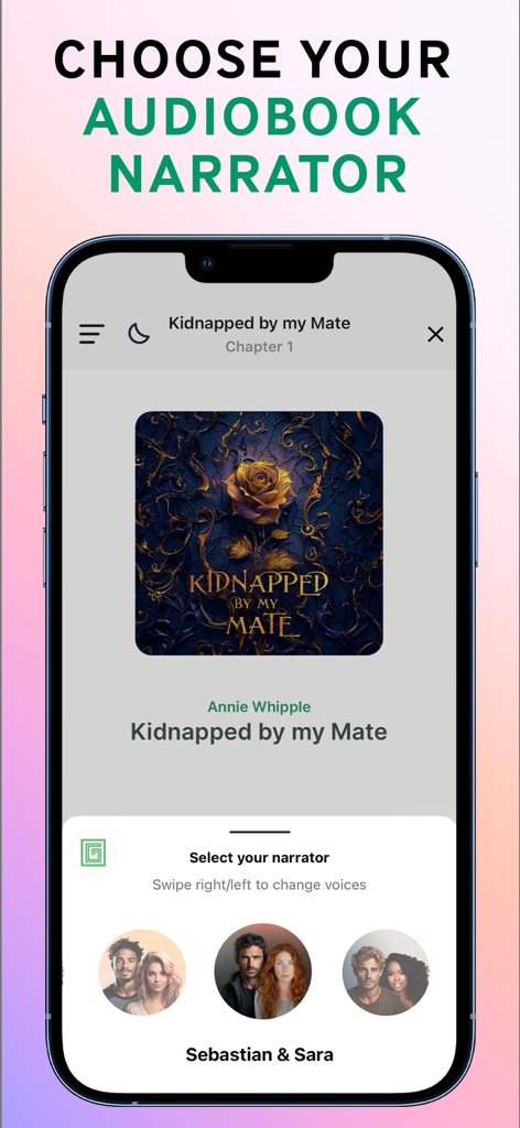 Interface for selecting a narrator for a romance audiobook in the Galatea app