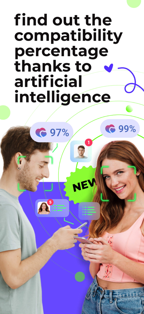 Love.ru - Dating, Chat, Meets - Love.ru App-Bildschirm, der KI-Kompatibilitätsprozentsätze zwischen Benutzern anzeigt