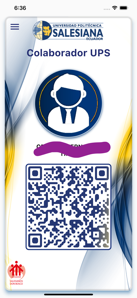 Carnet Digital UPS - Tarjeta de identificación digital para un colaborador de la Universidad Politécnica Salesiana con un marcador de posición de perfil y código QR.