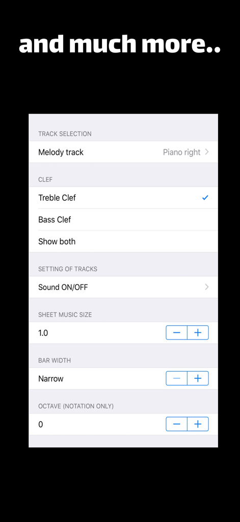 Menü für Anpassungseinstellungen in der Alle Noten App, das Optionen für die Titelauswahl und Notenschlüssel zeigt