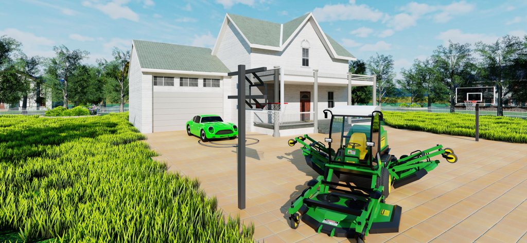 Grass Cutting Game - A green commercial lawn mower parked on a driveway in front of a white suburban house with a green sports car