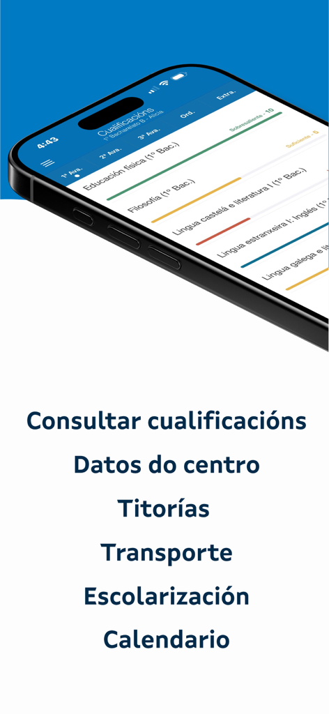 Smartphone displaying student grades in the abalarMóbil app with a list of school management features