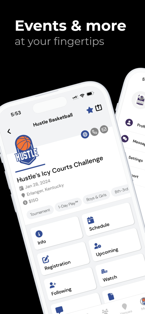 Exposure Events - Exposure Events mobile app interface displaying a basketball tournament schedule and event details on a smartphone.