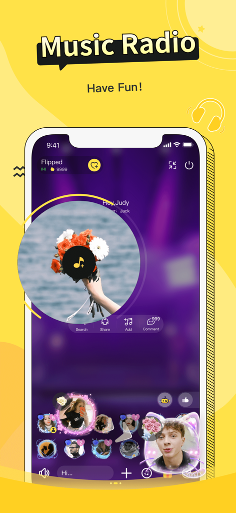Lemo - Chill & Chat - Una captura de pantalla de la función de radio musical de la aplicación Lemo donde los usuarios escuchan música y chatean juntos en una sala virtual.
