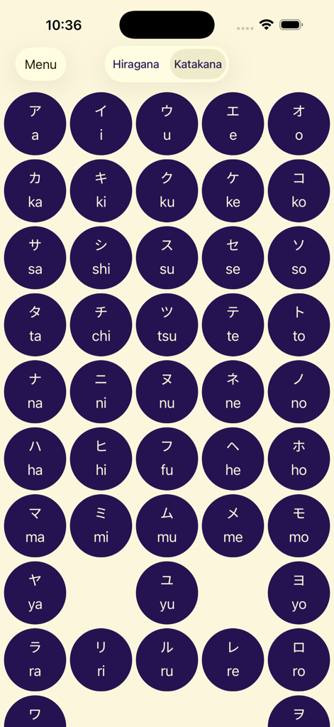 Griglia di caratteri Katakana giapponesi con pronuncia romaji nell'app Kana School.