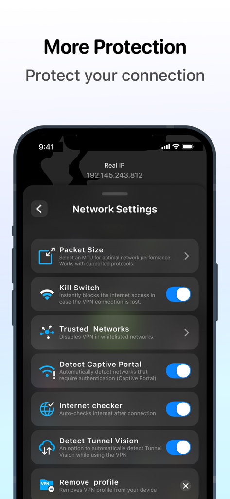 VPN Unlimited app interface showing advanced network security settings including a Kill Switch.