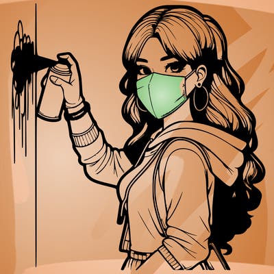 realistic girl with mask spray painting a wall