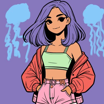a realistic girl with a crop top and short shorts in an open jacket
